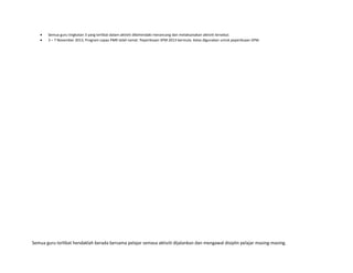 •
•

Semua guru tingkatan 3 yang terlibat dalam aktiviti dikehendaki merancang dan melaksanakan aktiviti tersebut.
3 – 7 November 2013, Program Lepas PMR telah tamat. Peperiksaan SPM 2013 bermula. Kelas digunakan untuk peperiksaan SPM.

Semua guru terlibat hendaklah berada bersama pelajar semasa aktiviti dijalankan dan mengawal disiplin pelajar masing-masing.

 