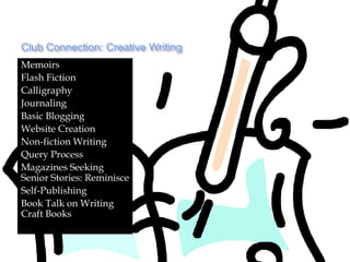 Club Connection: Creative Writing
Memoirs
Flash Fiction
Calligraphy
Journaling
Basic Blogging
Website Creation
Non-fiction Writing
Query Process
Magazines Seeking
Senior Stories: Reminisce
Self-Publishing
Book Talk on Writing
Craft Books
 