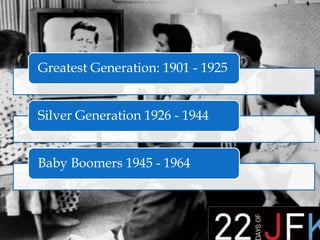 Greatest Generation: 1901 - 1925
Silver Generation 1926 - 1944
Baby Boomers 1945 - 1964
 
