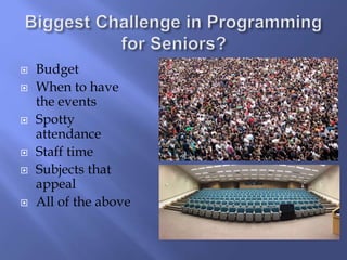  Budget
 When to have
the events
 Spotty
attendance
 Staff time
 Subjects that
appeal
 All of the above
 