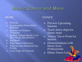 MUSIC DANCE
 Festival
 Connected to Dates: Elvis’
Birthday
 Summer or Outdoor
Programs
 Beatles’ Tribute Bands, Civil
War Music, Renaissance
 Big Bands
 High School Musicians
 Veterans and Memorial Day
Events
 Local Trips for Concerts
 Preview Upcoming
Seasons
 Teach dance steps for
classic steps
 Victory Tea or Prom for
Seniors
 Demonstrations with
Music from
Professionals
 Ethnic Dance Groups
 