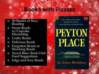  50 Shades of Racy
Reading
 Sweet Reads
w/Cupcake
Decorating
 Crafty Reads
 Delicious Reads
 Forgotten Reads or
Shocking Reads
 Novel Bites: Book Club
Food Suggestions
 Edgy and Sexy Reads
 