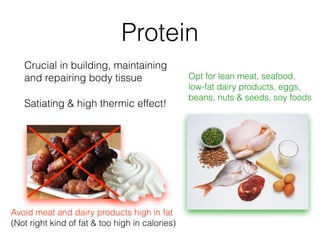Protein
Crucial in building, maintaining  
and repairing body tissue
Satiating & high thermic effect!
Opt for lean meat, seafood,  
low-fat dairy products, eggs,  
beans, nuts & seeds, soy foods
Avoid meat and dairy products high in fat  
(Not right kind of fat & too high in calories)
 