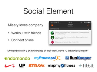 Social Element
Misery loves company
• Workout with friends
• Connect online
“UP members with 3 or more friends on their team, move 10 extra miles a month”
 