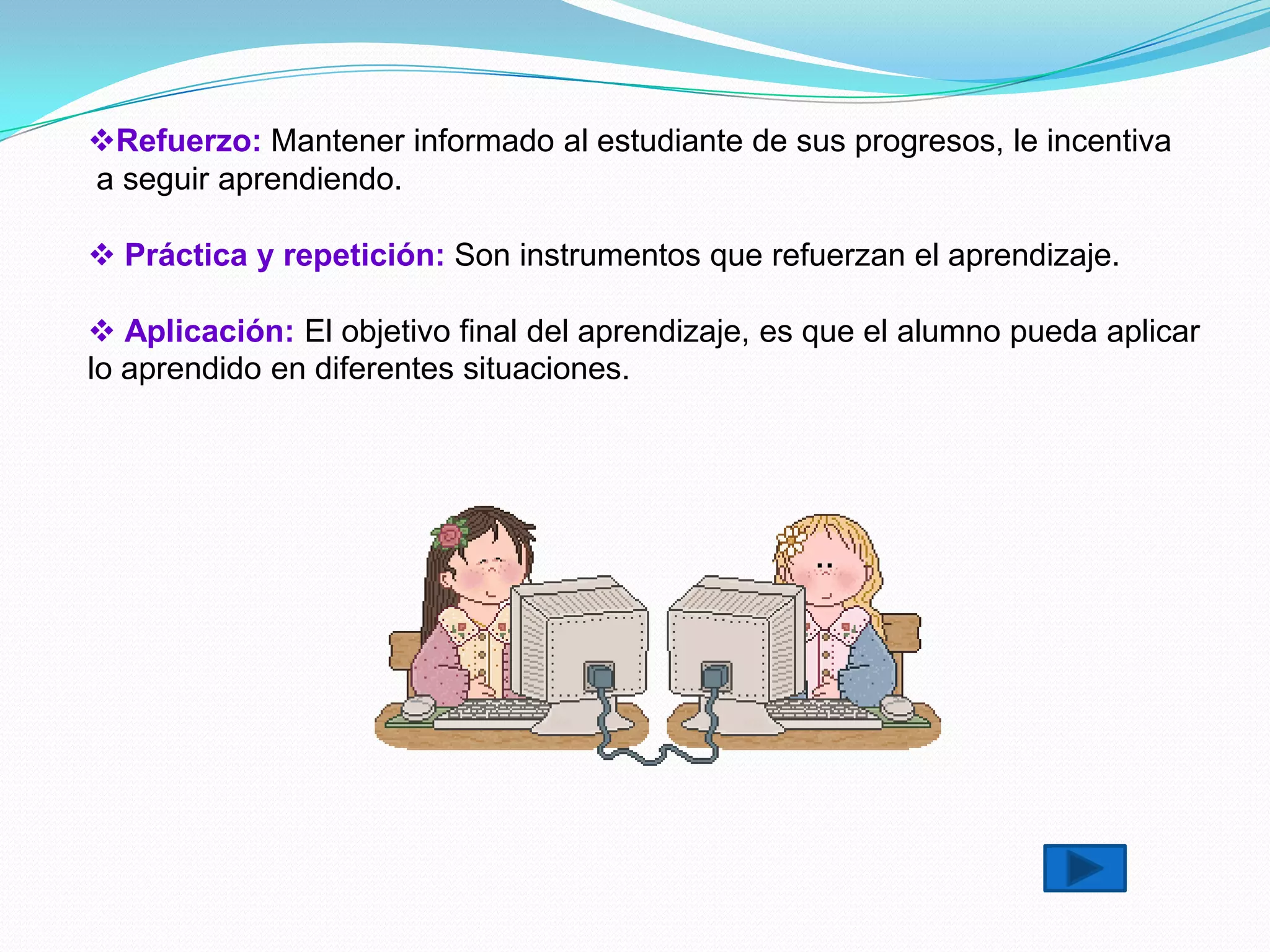 Refuerzo: Mantener informado al estudiante de sus progresos, le incentiva
a seguir aprendiendo.

 Práctica y repetición: Son instrumentos que refuerzan el aprendizaje.

 Aplicación: El objetivo final del aprendizaje, es que el alumno pueda aplicar
lo aprendido en diferentes situaciones.
 