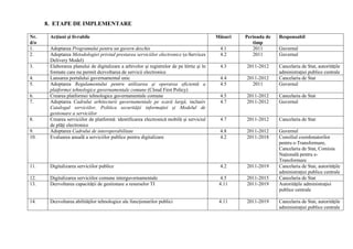 8. ETAPE DE IMPLEMENTARE

Nr.    Acţiuni şi livrabile                                                                Măsuri   Perioada de   Responsabil
d/o                                                                                                    timp
1.     Adoptarea Programului pentru un guvern deschis                                       4.1        2011       Guvernul
2.     Adoptarea Metodologiei privind prestarea serviciilor electronice (e-Services         4.2        2011       Guvernul
       Delivery Model)
3.     Elaborarea planului de digitalizare a arhivelor şi registrelor de pe hîrtie şi în    4.3     2011-2012     Cancelaria de Stat, autorităţile
       formate care nu permit dezvoltarea de servicii electronice                                                 administraţiei publice centrale
4.     Lansarea portalului guvernamental unic                                               4.4     2011-2012     Cancelaria de Stat
5.     Adoptarea Regulamentului pentru utilizarea şi operarea eficientă a                   4.5       2011        Guvernul
       platformei tehnologice guvernamentale comune (Cloud First Policy)
6.     Crearea platformei tehnologice guvernamentale comune                                 4.5     2011-2012     Cancelaria de Stat
7.     Adoptarea Cadrului arhitecturii guvernamentale pe scară largă, inclusiv              4.7     2011-2012     Guvernul
       Catalogul serviciilor, Politica securităţii informaţiei şi Modelul de
       gestionare a serviciilor
8.     Crearea serviciilor de platformă: identificarea electronică mobilă şi serviciul      4.7     2011-2012     Cancelaria de Stat
       de plăţi electronice
9.     Adoptarea Cadrului de interoperabilitate                                             4.8     2011-2012     Guvernul
10.    Evaluarea anuală a serviciilor publice pentru digitalizare                           4.2     2011-2018     Consiliul coordonatorilor
                                                                                                                  pentru e-Transformare,
                                                                                                                  Cancelaria de Stat, Comisia
                                                                                                                  Naţională pentru e-
                                                                                                                  Transformare
11.    Digitalizarea serviciilor publice                                                    4.2     2011-2019     Cancelaria de Stat, autorităţile
                                                                                                                  administraţiei publice centrale
12.    Digitalizarea serviciilor comune interguvernamentale                                  4.5    2011-2015     Cancelaria de Stat
13.    Dezvoltarea capacităţii de gestionare a resurselor TI                                4.11    2011-2019     Autorităţile administraţiei
                                                                                                                  publice centrale

14.    Dezvoltarea abilităţilor tehnologice ale funcţionarilor publici                      4.11    2011-2019     Cancelaria de Stat, autorităţile
                                                                                                                  administraţiei publice centrale
 