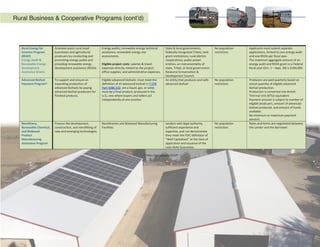  
Business Development and Cooperative Programs (cont’d)  
 
* http://go.usa.gov/3Ct2Y 
 
 
 
 
 
 
 
 
 
 
 
 
 
 
 
Rural Energy for 
America Program 
(REAP) 
Energy Audit & 
Renewable Energy 
Development 
Assistance Grants 
Grantees assist rural small 
businesses and agricultural 
prodcuers by conducting and 
promoting energy audits and 
providing renewable energy 
development assistance (REDA). 
Energy audits; renewable energy technical 
assistance; renewable energy site 
assessments. 
 
Eligible project costs: salaries & travel 
expenses directly related to the project; 
office supplies; and administrative expenses.  
State & local governments; 
federally‐recognized Tribes; land 
grant institutions; rural electric 
cooperatives; public power 
entities; an instrumentality of 
state, Tribal, or local government; 
Resource Conservation & 
Development Council. 
No population 
restriction. 
Applicants must submit separate 
applications, limited to one energy audit 
and one REDA per fiscal year.  
The maximum aggregate amount of an 
energy audit and REDA grant in a Federal 
fiscal year (Oct. 1 – Sept. 30) is $100,000.  
Advanced Biofuel 
Payment Program* 
To support and ensure an 
expanding production of 
advanced biofuels by paying 
advanced biofuel producers for 
finished products. 
Eligible advanced biofuels: must meet the 
definition of an advanced biofuel in 7 CFR 
Part 4288.102; are a liquid, gas, or solid; 
must be a final product; produced in the 
U.S.; one where buyers and sellers act 
independently of one another. 
An entity that produces and sells 
advanced biofuel. 
No population 
restriction. 
Producers are paid quarterly based on 
actual quantity of eligible advanced 
biofuel production.  
Production is converted into British 
Thermal Unit (BTU) equivalent.  
Payment amount is subject to number of 
eligible prodcuers, amount of advanced 
biofuel produced; and amount of funds 
available. 
No minimum or maximum payment 
amount. 
Biorefinery, 
Renewable Chemical, 
and Biobased 
Product 
Manufacturing 
Assistance Program 
Finance the development, 
construction, and retrofitting of 
new and emerging technologies.  
Biorefineries and Biobased Manufacturing 
Facilities. 
Lenders with legal authority, 
sufficient experience and 
expertise, and can demonstrate 
they meet the FDIC definition of 
“Well Capitalized” at the time of 
application and issuance of the 
Loan Note Guarantee.  
No population 
restriction.  
Rates and terms are negotiated between 
the Lender and the Borrower.  
Rural Business & Cooperative Programs (cont’d)
 