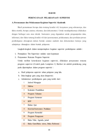 10
BAB III
PERENCANAAN PELAKSANAAN SUPERVISI
A. Perencanaan dan Pelaksanaan Kegiatan Supervisi Akademik
Hasil pemantauan berupa data tentang kondisi riil, kenyataan yang sebenarnya, dan
fakta otentik, berupa catatan, rekaman, dan dokumentasi. Untuk mendapatkannya dilakukan
dengan berbagai cara atau teknik. Instrumen yang digunakan untuk pengumpulan data,
informasi, dan fakta tentang kondisi riil dari perencanaan, pelaksanaan, dan penilaian proses
pembelajaran dirangkum dalam bentuk catatan anekdot dan dokumentasi lainnya yang
selanjutnya dituangkan dalam bentuk pelaporan.
Langkah-langkah dalam mempersiapkan kegiatan supervisi pembelajaran adalah :
1. Penunjukan Tim Supervisor melalui surat keputusan
2. Penyusunan Rencana Program Supervisi
Untuk melihat keterukuran kegiatan supervisi, dilakukan penyusunan rencana
program supervisi (Contoh pada Lampiran 1) Berikut ini adalah pendukung yang
perlu dipersiapkan dalam program supervisi :
a. Hasil pelaporan supervisi tahun pelajaran yang lalu.
b. Data lengkap guru yang akan disupervisi.
c. Administrasi pembelajaran guru yang terdiri dari :
1 Jadwal Mengajar
2 Silabus
3 Kalender Pendidikan
4 Program Tahunan
5 Program Semester
6 RPP
7 Bahan Ajar
8 Kisi-kisi/Instrumen Penilaian
9 Program Remedial
10 Program Pengayaan
11 Buku Nilai, Agenda, jurnal
12 Buku Guru/Buku siswa, Buku Referensi
 