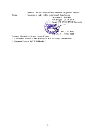 21
Ketiga :
keputusan ini maka akan diadakan perbaikan sebagaimana mestinya.
Keputusan ini mulai berlaku sejak tanggal ditetapkannya.
Ditetapkan di : Bontolohe
Pada Tanggal : 20 Juli 2019
Kepala UPT SPF SMPN 42 Bulukumba
IDAHARYANI, S.Pd, M.Pd
NIP 19650511198803 2 015
Tembusan Disampaikan Dengan Hormat Kepada
2. Kepala Dinas Pendidikan Dan Kebudayaan Kab Bulukumba di Bulukumba
3. Pengawas Pembina SMP di Bulukumba .
 