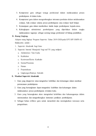 4
3. Kompetensi guru sebagai tenaga profesional dalam melaksanakan proses
pembelajaran di dalam kelas.
4. Kompetensi guru dalam mengembangkan intrumen penilaian dalam melaksanakan
evaluasi, baik evaluasi selama proses pembelajaran atau evaluasi hasil belajar.
5. Kemampuan guru dalam memberikan tindak lanjut pembelajaran kepada siswa.
6. Kelengkapan administrasi pembelajaran yang diperlukan dalam rangka
melaksanakan tugasnya sebagai seorang tenaga profesional di bidang pendidikan.
D. Ruang Lingkup.
Adapun ruang lingkup Program Supervisi Tahun 2019-2020 pada UPT SPF SMPN 42
Bulukumba adalah :
1. Supervisi Akademik bagi Guru
2. Supervisi Internal Manajerial bagi staf TU yang meliputi
a. Administrasi Tata Usaha
b. Kurikulum
c. Kesiswaan/Ekstra Kurikuler
d. Sarana/Prasarana
e. Humas
f. Perpustakaan
g. Lingkungan/Budaya Sekolah
E. Manfaat Supervisi Akademik
1. Guru yang disupervisi akan mengetahui kelebihan dan kekurangan dalam membuat
perencanaan pembelajaran.
2. Guru yang bersangkutan dapat mengetahui kelebihan dan kekurangan dalam
melaksanakan proses pembelajaran di dalam kelas.
3. Guru yang bersangkutan akan mengetahui kelebihan dan kekurangannya dalam
merencanakan dan mengembangkan instrumen penilaian pembelajaran.
4. Sebagai bahan refleksi guru untuk menambah dan meningkatkan wawasan serta
pengetahuan.
 