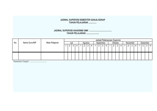 JADWAL SUPERVISI SEMESTER GANJIL/GENAP
TAHUN PELAJARAN ...............
JADWAL SUPERVISI AKADEMIS SMK ..........................................
TAHUN PELAJARAN ........................
Semester Ganjil : ............................
No. Nama Guru/NIP Mata Pelajaran
Jadwal Pelaksanaan Supervisi
Juli Agustus September Oktober November Desember
1 2 3 4 1 2 3 4 1 2 3 4 1 2 3 4 1 2 3 4 1 2 3 4
 