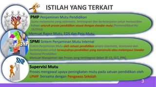 ISTILAH YANG TERKAIT
PMP Penjaminan Mutu Pendidikan
Suatu mekanisme yang sistematis, terintegrasi dan berkelanjutan untuk memastikan
bahwa seluruh proses pendidikan sesuai dengan standar mutu (Permendikbud No.
28/2016)
Memuat Rapor Mutu, EDS dan Peta Mutu
SPMI Sintem Penjaminan Mutu Internal
Sistem Penjaminan Mutu oleh satuan pendidikan secara sistematis, terencana dan
berkelanjutan untuk terwujudnya pendidikan yang memenuhi atau melampaui Standar
Nasional Pendidikan
Memuat Manajemen dan Proses yang terintegrasi dalam (K-13, GLS, PPK)
Supervisi Mutu
Proses mengawal upaya peningkatan mutu pada satuan pendidikan oleh
LPMP bersama dengan Pengawas Sekolah
3
 