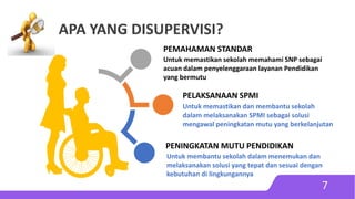 APA YANG DISUPERVISI?
Untuk memastikan sekolah memahami SNP sebagai
acuan dalam penyelenggaraan layanan Pendidikan
yang bermutu
PEMAHAMAN STANDAR
Untuk memastikan dan membantu sekolah
dalam melaksanakan SPMI sebagai solusi
mengawal peningkatan mutu yang berkelanjutan
PELAKSANAAN SPMI
Untuk membantu sekolah dalam menemukan dan
melaksanakan solusi yang tepat dan sesuai dengan
kebutuhan di lingkungannya
PENINGKATAN MUTU PENDIDIKAN
7
 