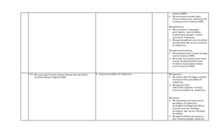 hukum NKRI
 Menentukan sumber data
misal: wawancara, observasi dll
tentang sistem hukum NKRI
Mengasosiasi
 Menentukan hubungan
pentingnya rasa keadilan
masyarakat dengan sistem
hukum di Indonesia
 Mengelompokkan rasa keadilan
masyarakat dan sistem hukum
di Indonesia
Mengkomunikasikan
 Menyajikan hasil telaah tentang
sistem hukum NKRI
 Mencoba menyusun komitmen
untuk mengutamakan rasa
keadilan masyarakat dalam
sistem hukum NKRI
4.5 Menyaji hasil telaah sistem hukum dan peradilan
nasional dalam lingkup NKRI
2. Sistem peradilan di Indonesia Mengamati
 Membaca dari berbagai sumber
tentang sistem peradilan di
Indonesia
 Mengamati dari
video/film/gambar tentang
sistem peradilan di Indonesia
Menanya
 Menanyakan tentang sistem
peradilan di Indonesia,
perangkat lembaga peradilan,
macam-macam lembaga
peradilan, dan peran lembaga
peradilan
 Mengidentifikasi pertanyaan
dari konsep sampai hipotesis
 