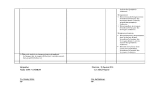 sejarah dan geopolitik
Indonesia
Mengasosiasi
 Menentukan hubungan antara
kesadaran berbangsa dan
bernegara dalam konteks
sejarah dan geopolitik
Indonesia
 Menyimpulkan pentingnya
kesadaran berbangsa dan
bernegara Indonesia
Mengkomunikasikan
 Menyajikan hasil pengumpulan
data berkaitan dengan
kesadaran berbangsa dan
bernegara dalam konteks
sejarah dan geopolitik
Indonesia
 Mencoba menyusun ikrar
untuk menumbuhkan
kesadaran berbangsa dan
bernegara Indonesia
4.8 Menyaji analisis tentang pentingnya kesadaran
berbangsa dan bernegara dilihat dari konteks sejarah
dan geopolitik Indonesia
Mengetahui, Cikembar, 30 Agustus 2014.
Kepala SMAN 1 CIKEMBAR Guru Mata Pelajaran
Drs. Shodiq, M.M.d. Drs. Aa Rokhman.
NIP NIP.
 