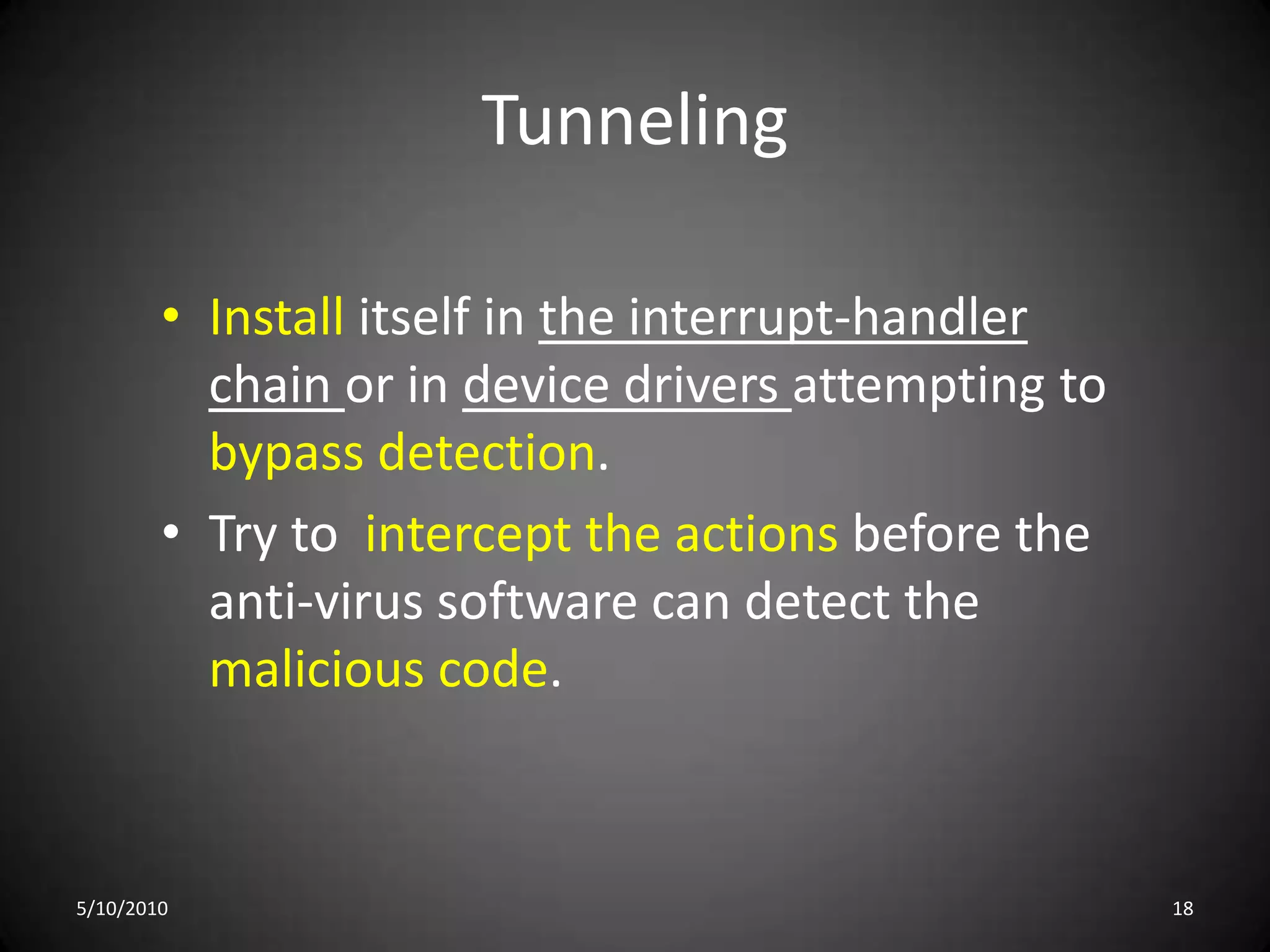 PolymorphicChange virus’s signature each time.It’s designed to avoid detection by antivirus software.A polymorphic virus acts like a chameleon.5/10/201015