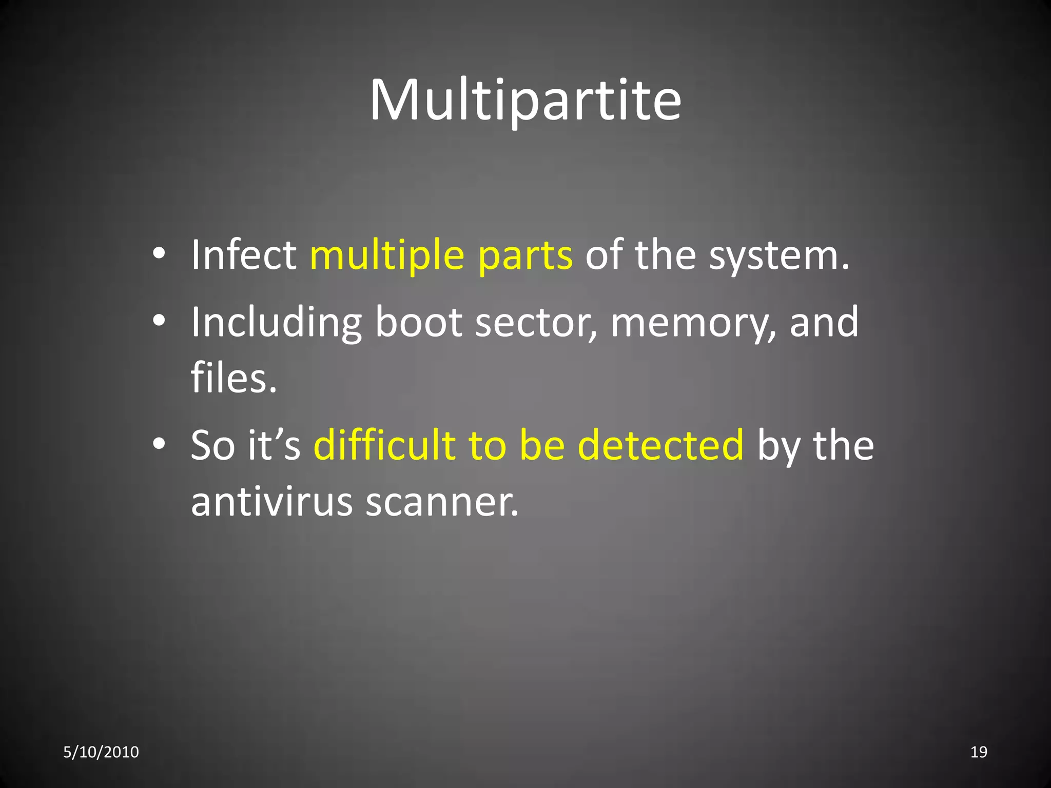 EncryptedEncrypted virus to avoid detection.It has a decryption code along with the encrypted virus.5/10/201016