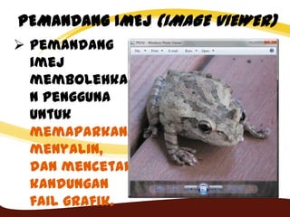 PEMANDANG IMEJ (IMAGE VIEWER)
 Pemandang
imej
membolehka
n pengguna
untuk
memaparkan,
menyalin,
dan mencetak
kandungan
fail grafik.
 