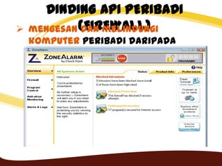 DINDING API PERIBADI
(FIREWALL) mengesan dan melindungi
komputer peribadi daripada
pencerobohan yang tidak
dibenarkan
 