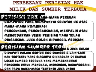 PERBEZAAN PERISIAN HAK
MILIK DAN SUMBER TERBUKA
PERISIAN HAK MILIK
PERISIAN SUMBER TERBUKA
Merujuk kepada mana-mana perisian
komputer yang mempunyai sekatan ke atas
mana-mana kombinasi
penggunaan, pengubahsuaian, menyalin atau
mengedarkan versi perisian yang telah
diubahsuai. Juga boleh dipanggil perisian
sumber tertutup
Perisian percuma yang bebas diguna & juga boleh
didapati dalam bentuk kod sumber & lain-lain
hak tertentu yang biasanya dikhaskan di bawah
lesen sumber terbuka yang membenarkan
pengguna untuk mengkaji, mengubah, memperbaiki
dan pada masa-masa tertentu juga untuk
 