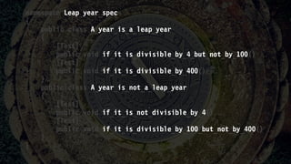 namespace Leap_year_spec
{
public class A_year_is_a_leap_year
{
[Test]
public void if_it_is_divisible_by_4_but_not_by_100() 
[Test]
public void if_it_is_divisible_by_400() 
}
public class A_year_is_not_a_leap_year
{
[Test]
public void if_it_is_not_divisible_by_4() 
[Test]
public void if_it_is_divisible_by_100_but_not_by_400() 
}
}
 