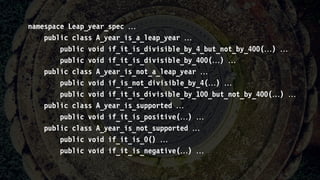 namespace Leap_year_spec 
public class A_year_is_a_leap_year 
public void if_it_is_divisible_by_4_but_not_by_400() 
public void if_it_is_divisible_by_400() 
public class A_year_is_not_a_leap_year 
public void if_is_not_divisible_by_4() 
public void if_it_is_divisible_by_100_but_not_by_400() 
public class A_year_is_supported 
public void if_it_is_positive() 
public class A_year_is_not_supported 
public void if_it_is_0() 
public void if_it_is_negative() 
 