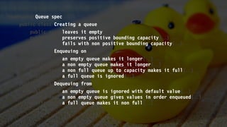namespace Queue_spec 
public class Creating_a_queue 
public void leaves_it_empty() 
public void preserves_positive_bounding_capacity() 
public void fails_with_non_positive_bounding_capacity() 
public class Enqueuing_on 
public void an_empty_queue_makes_it_longer() 
public void a_non_empty_queue_makes_it_longer() 
public void a_non_full_queue_up_to_capacity_makes_it_full() 
public void a_full_queue_is_ignored() 
public class Dequeuing_from 
public void an_empty_queue_is_ignored_with_default_value() 
public void a_non_empty_queue_gives_values_in_order_enqueued() 
public void a_full_queue_makes_it_non_full() 
 