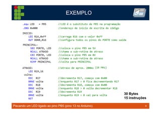 9TM 9
EXEMPLO
Piscando um LED ligado ao pino PB5 (pino 13 no Arduino).
30 Bytes
15 instruções
 