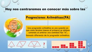 Hoy nos centraremos en conocer más sobre las
Progresiones Aritméticas(PA)
Una progresión aritmética es una sucesión en
que cada término (menos el primero) se obtiene
sumando al anterior una cantidad fija “d”,
llamada diferencia de la progresión aritmética.
 