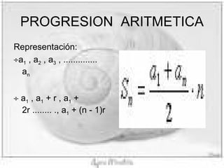 PROGRESION ARITMETICA Representación: a 1 , a 2 , a 3 , .............. a n a 1 , a 1 + r , a 1 + 2r ........ ., a 1 + (n - 1)r