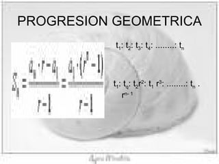 PROGRESION GEOMETRICA t 1 : t 2 : t 3 : t 4 : ........: t n t 1 : t q : t 2 r 2 : t 1 r 3 : ........: t n . r n- 1