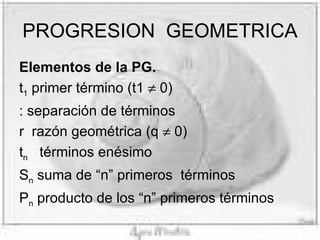PROGRESION GEOMETRICA Elementos de la PG. t 1 primer término (t1 0) : separación de términos r razón geométrica (q 0) t n términos enésimo S n suma de “n” primeros términos P n producto de los “n” primeros términos
