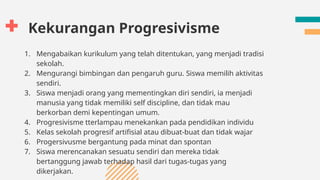 Kekurangan Progresivisme
1. Mengabaikan kurikulum yang telah ditentukan, yang menjadi tradisi
sekolah.
2. Mengurangi bimbingan dan pengaruh guru. Siswa memilih aktivitas
sendiri.
3. Siswa menjadi orang yang mementingkan diri sendiri, ia menjadi
manusia yang tidak memiliki self discipline, dan tidak mau
berkorban demi kepentingan umum.
4. Progresivisme tterlampau menekankan pada pendidikan individu
5. Kelas sekolah progresif artifisial atau dibuat-buat dan tidak wajar
6. Progersivusme bergantung pada minat dan spontan
7. Siswa merencanakan sesuatu sendiri dan mereka tidak
bertanggung jawab terhadap hasil dari tugas-tugas yang
dikerjakan.
 