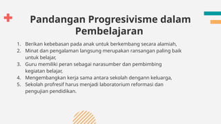 Pandangan Progresivisme dalam
Pembelajaran
1. Berikan kebebasan pada anak untuk berkembang secara alamiah,
2. Minat dan pengalaman langsung merupakan ransangan paling baik
untuk belajar,
3. Guru memiliki peran sebagai narasumber dan pembimbing
kegiatan belajar,
4. Mengembangkan kerja sama antara sekolah dengann keluarga,
5. Sekolah profresif harus menjadi laboratorium reformasi dan
pengujian pendidikan.
 