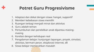 Potret Guru Progresivisme
1. Adaptasi dan dekat dengan siswa: hangat, supportif
2. Memberi kebebasan siswa memilih
3. Ruangan terbagi menjadi minat dan aktivitas
4. Guru adalah teman
5. Pertumbuhan dan pendidikan anak dipantau masing-
masing
6. Korelasi dengan kehidupan real
7. Pengalaman belajar: kunjungan lapangan, proyek, simulasi,
aktivitas, bermain peran, eksplorasi internet, dll
8. Siswa belajar memecahkan masalah
 