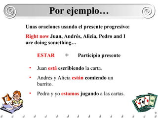 Por ejemplo… Juan  está   escribiendo  la carta. Andrés y Alicia  están   comiendo  un burrito. Pedro y yo  estamos   jugando  a las cartas. ESTAR   +   Participio presente Unas oraciones usando el presente progresivo: Right now  Juan, Andrés, Alicia, Pedro and I are doing something…  