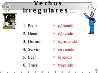 Verbos irregulares… Pedir Decir Dormir Servir Leer Traer p i diendo d i ciendo d u rmiendo s i rviendo le y endo tra y endo 
