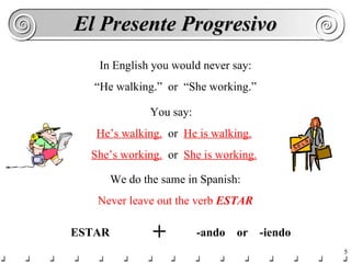 In English you would never say: “He walking.”  or  “She working.” You say:  He’s walking.   or   He is walking. She’s working.   or   She is working. El Presente Progresivo We do the same in Spanish: Never leave out the verb  ESTAR ESTAR + -ando  or  -iendo 