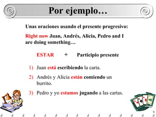 Por ejemplo…
Unas oraciones usando el presente progresivo:
Right now Juan, Andrés, Alicia, Pedro and I
are doing something…
ESTAR

+

Participio presente

1) Juan está escribiendo la carta.
2) Andrés y Alicia están comiendo un
burrito.
3) Pedro y yo estamos jugando a las cartas.

9

 
