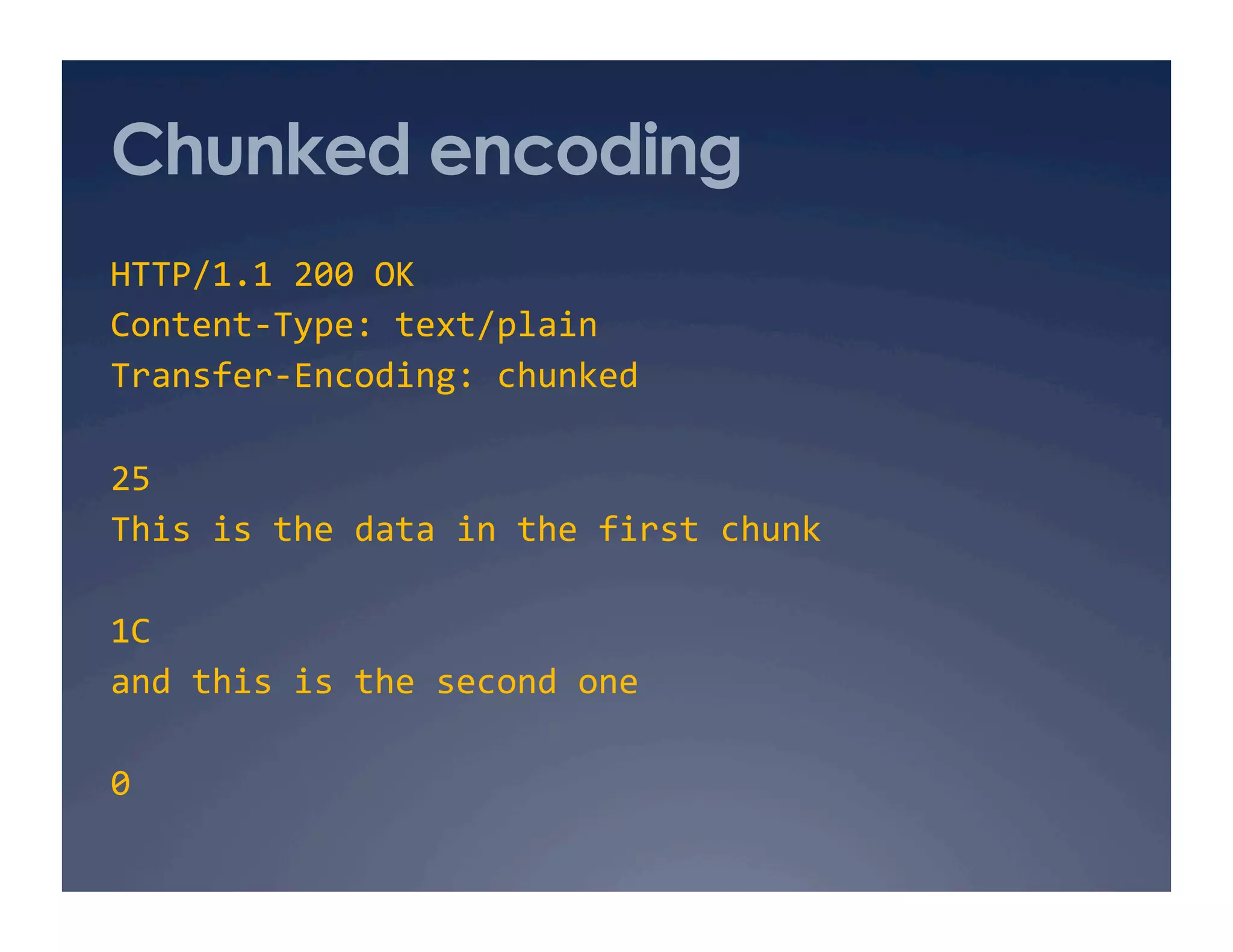 Chunked encoding
HTTP/1.1 200 OK 
Content‐Type: text/plain 
Transfer‐Encoding: chunked 
25 
This is the data in the first chunk 
1C 
and this is the second one 
0 
 