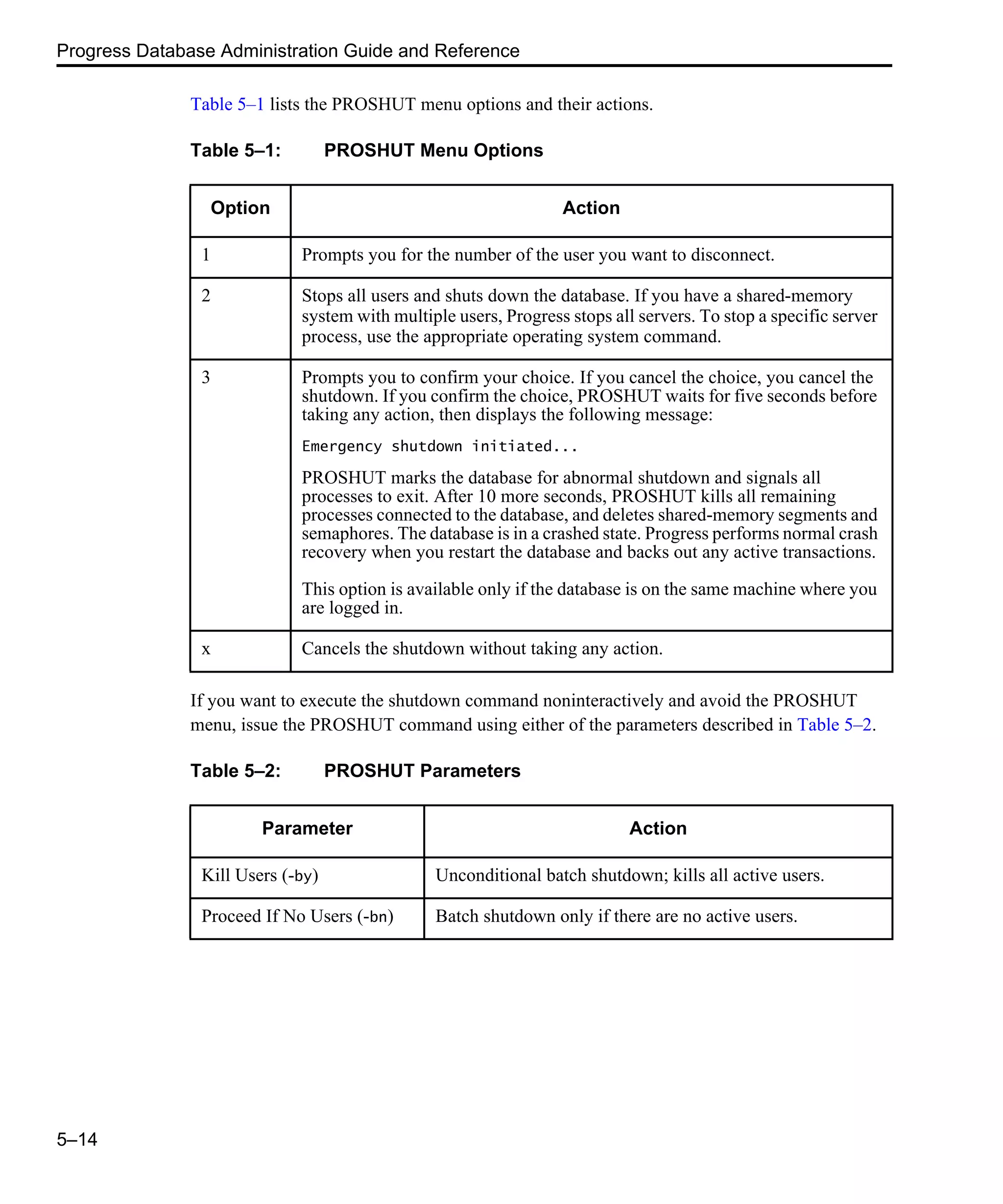 Progress Database Administration Guide and Reference 5–14 Table 5–1 lists the PROSHUT menu options and their actions. If you want to execute the shutdown command noninteractively and avoid the PROSHUT menu, issue the PROSHUT command using either of the parameters described in Table 5–2. Table 5–1: PROSHUT Menu Options Option Action 1 Prompts you for the number of the user you want to disconnect. 2 Stops all users and shuts down the database. If you have a shared-memory system with multiple users, Progress stops all servers. To stop a specific server process, use the appropriate operating system command. 3 Prompts you to confirm your choice. If you cancel the choice, you cancel the shutdown. If you confirm the choice, PROSHUT waits for five seconds before taking any action, then displays the following message: Emergency shutdown initiated... PROSHUT marks the database for abnormal shutdown and signals all processes to exit. After 10 more seconds, PROSHUT kills all remaining processes connected to the database, and deletes shared-memory segments and semaphores. The database is in a crashed state. Progress performs normal crash recovery when you restart the database and backs out any active transactions. This option is available only if the database is on the same machine where you are logged in. x Cancels the shutdown without taking any action. Table 5–2: PROSHUT Parameters Parameter Action Kill Users (-by) Unconditional batch shutdown; kills all active users. Proceed If No Users (-bn) Batch shutdown only if there are no active users. 