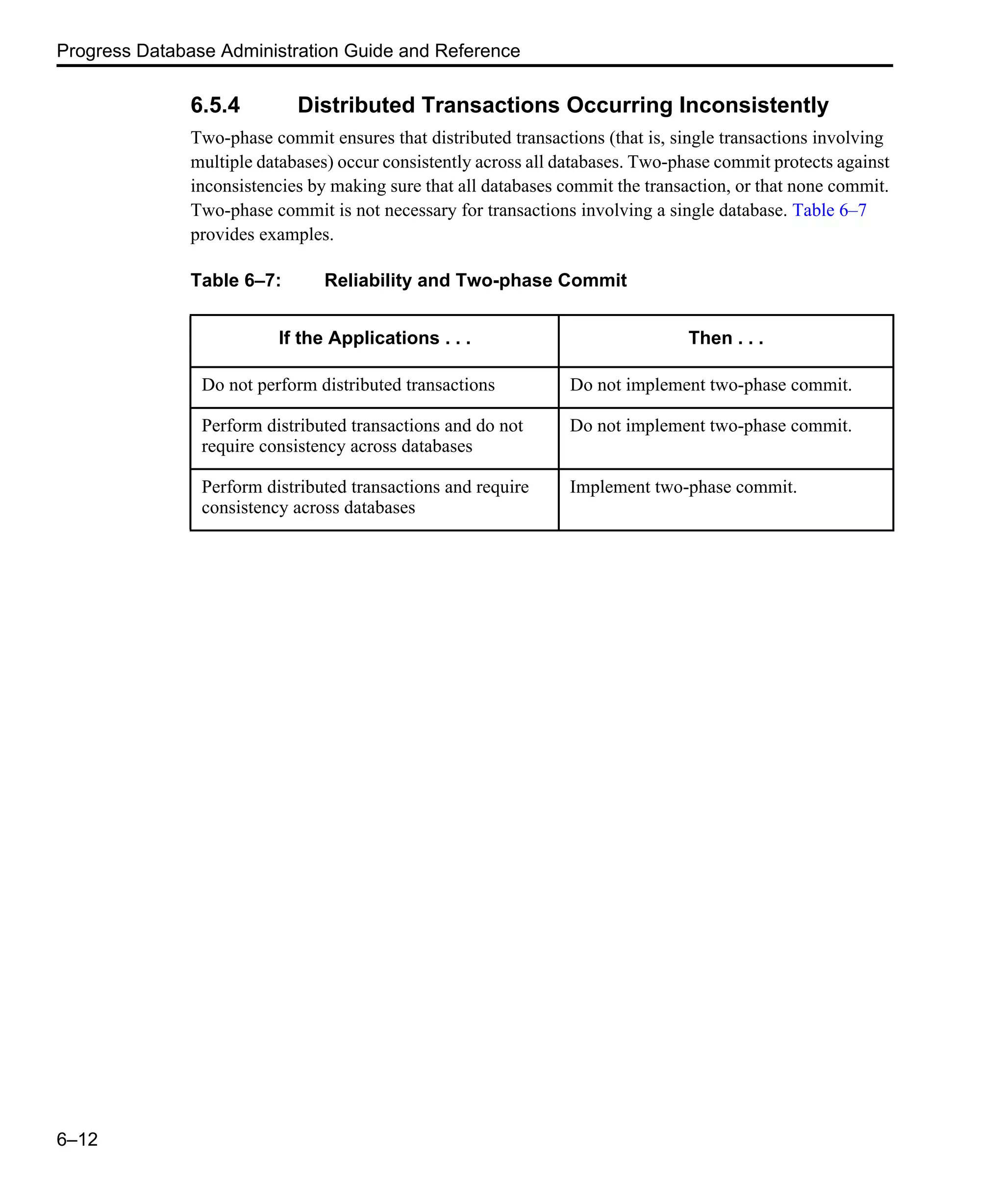 Progress Database Administration Guide and Reference 6–12 6.5.4 Distributed Transactions Occurring Inconsistently Two-phase commit ensures that distributed transactions (that is, single transactions involving multiple databases) occur consistently across all databases. Two-phase commit protects against inconsistencies by making sure that all databases commit the transaction, or that none commit. Two-phase commit is not necessary for transactions involving a single database. Table 6–7 provides examples. Table 6–7: Reliability and Two-phase Commit If the Applications . . . Then . . . Do not perform distributed transactions Do not implement two-phase commit. Perform distributed transactions and do not require consistency across databases Do not implement two-phase commit. Perform distributed transactions and require consistency across databases Implement two-phase commit. 