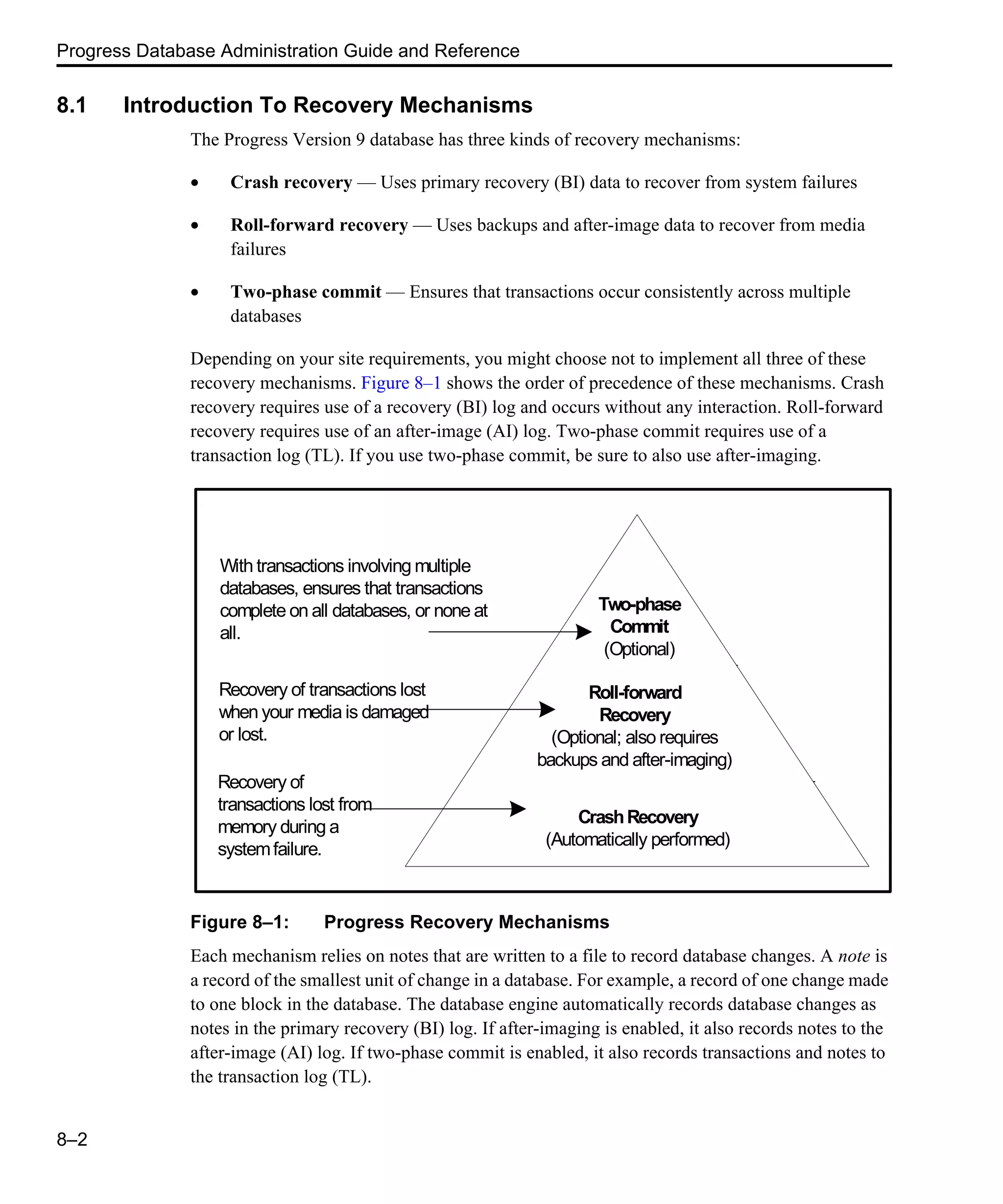 Progress Database Administration Guide and Reference 8–2 8.1 Introduction To Recovery Mechanisms The Progress Version 9 database has three kinds of recovery mechanisms: • Crash recovery — Uses primary recovery (BI) data to recover from system failures • Roll-forward recovery — Uses backups and after-image data to recover from media failures • Two-phase commit — Ensures that transactions occur consistently across multiple databases Depending on your site requirements, you might choose not to implement all three of these recovery mechanisms. Figure 8–1 shows the order of precedence of these mechanisms. Crash recovery requires use of a recovery (BI) log and occurs without any interaction. Roll-forward recovery requires use of an after-image (AI) log. Two-phase commit requires use of a transaction log (TL). If you use two-phase commit, be sure to also use after-imaging. Figure 8–1: Progress Recovery Mechanisms Each mechanism relies on notes that are written to a file to record database changes. A note is a record of the smallest unit of change in a database. For example, a record of one change made to one block in the database. The database engine automatically records database changes as notes in the primary recovery (BI) log. If after-imaging is enabled, it also records notes to the after-image (AI) log. If two-phase commit is enabled, it also records transactions and notes to the transaction log (TL). With transactions involving multiple databases, ensures that transactions complete on all databases, or none at all. Recovery of transactions lost when your media is damaged or lost. Recovery of transactions lost from memory during a systemfailure. Two-phase Commit (Optional) Roll-forward Recovery (Optional; also requires backups and after-imaging) CrashRecovery (Automatically performed) 