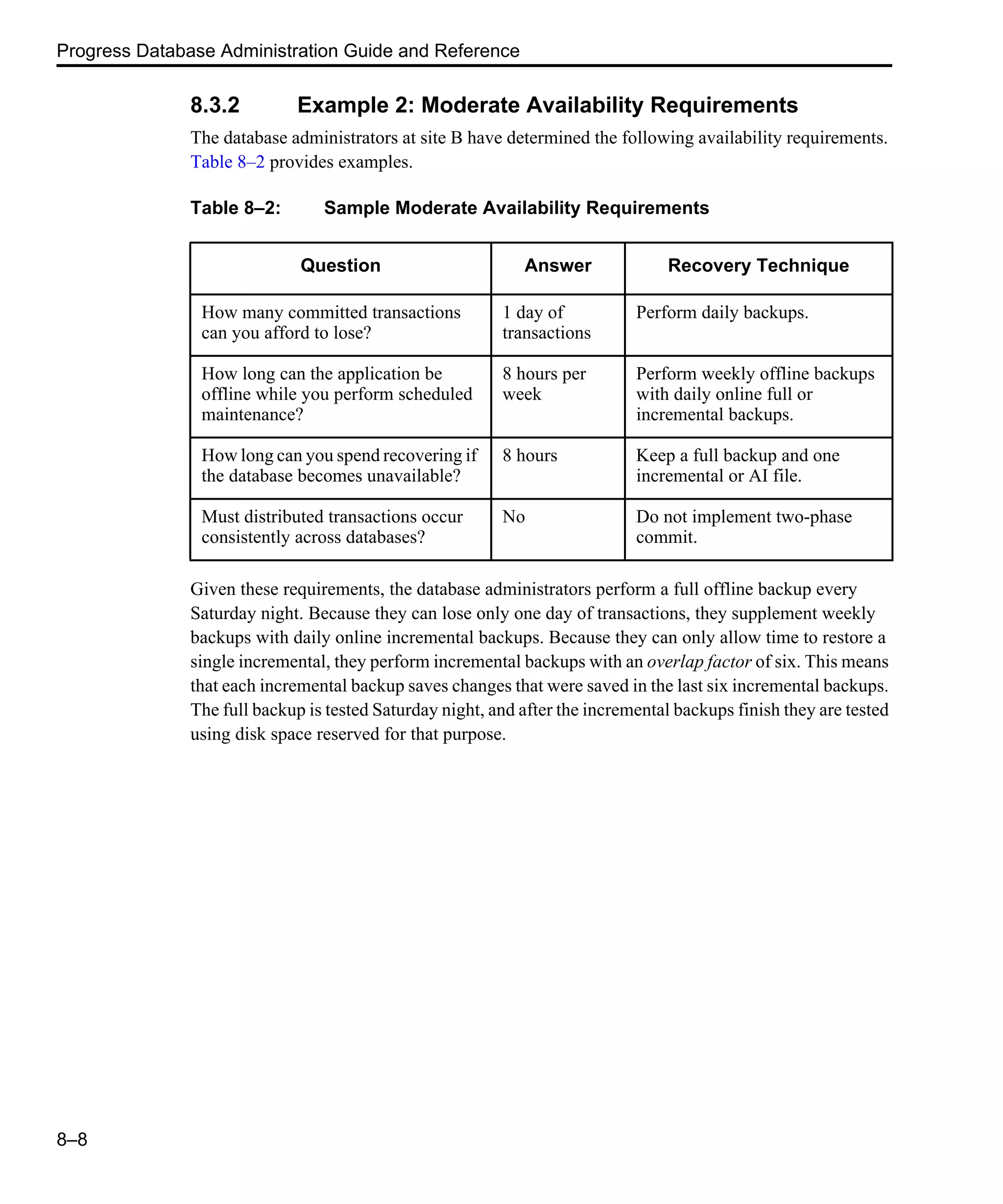 Progress Database Administration Guide and Reference 8–8 8.3.2 Example 2: Moderate Availability Requirements The database administrators at site B have determined the following availability requirements. Table 8–2 provides examples. Given these requirements, the database administrators perform a full offline backup every Saturday night. Because they can lose only one day of transactions, they supplement weekly backups with daily online incremental backups. Because they can only allow time to restore a single incremental, they perform incremental backups with an overlap factor of six. This means that each incremental backup saves changes that were saved in the last six incremental backups. The full backup is tested Saturday night, and after the incremental backups finish they are tested using disk space reserved for that purpose. Table 8–2: Sample Moderate Availability Requirements Question Answer Recovery Technique How many committed transactions can you afford to lose? 1 day of transactions Perform daily backups. How long can the application be offline while you perform scheduled maintenance? 8 hours per week Perform weekly offline backups with daily online full or incremental backups. How long can you spend recovering if the database becomes unavailable? 8 hours Keep a full backup and one incremental or AI file. Must distributed transactions occur consistently across databases? No Do not implement two-phase commit. 