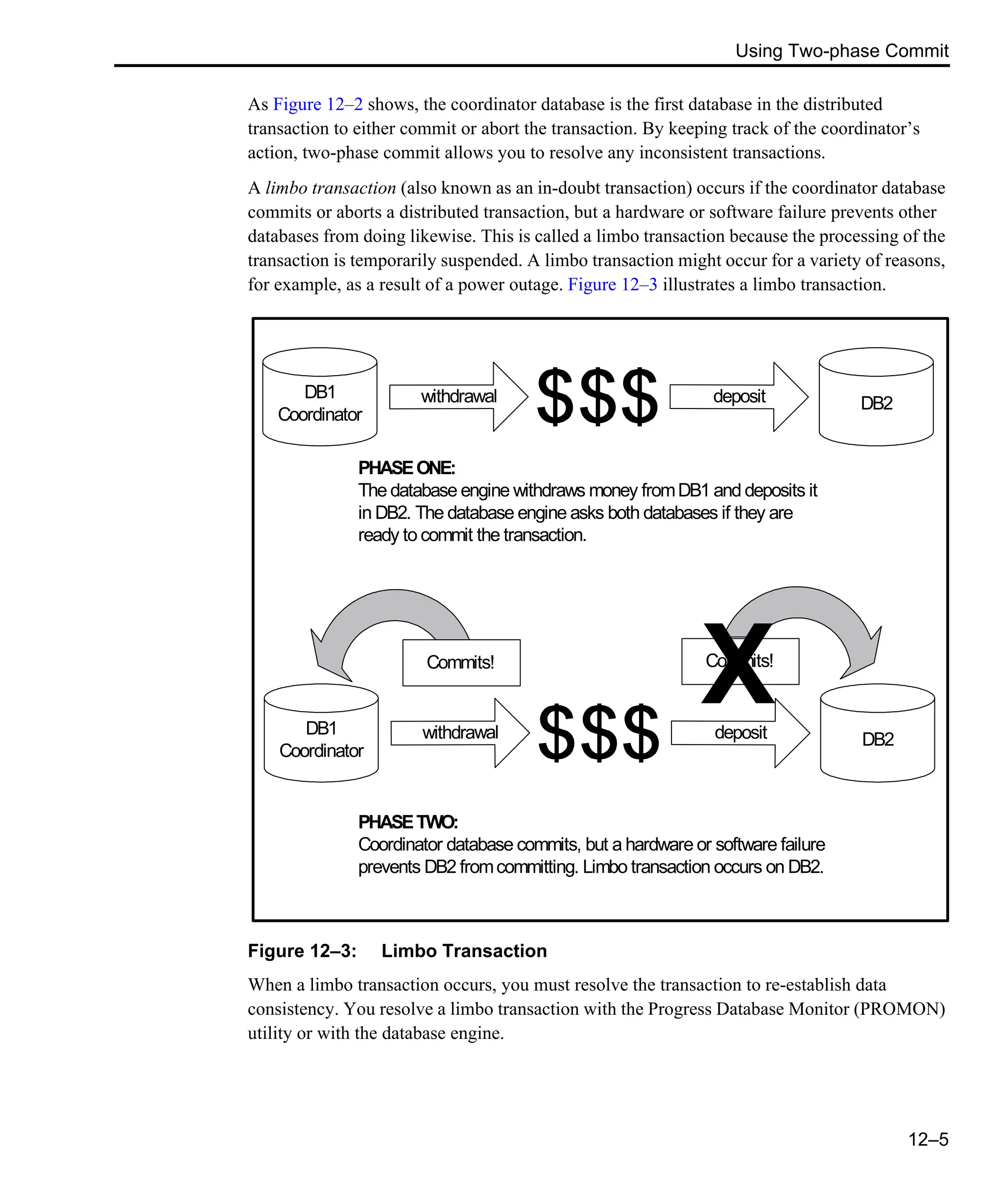 Using Two-phase Commit 12–5 As Figure 12–2 shows, the coordinator database is the first database in the distributed transaction to either commit or abort the transaction. By keeping track of the coordinator’s action, two-phase commit allows you to resolve any inconsistent transactions. A limbo transaction (also known as an in-doubt transaction) occurs if the coordinator database commits or aborts a distributed transaction, but a hardware or software failure prevents other databases from doing likewise. This is called a limbo transaction because the processing of the transaction is temporarily suspended. A limbo transaction might occur for a variety of reasons, for example, as a result of a power outage. Figure 12–3 illustrates a limbo transaction. Figure 12–3: Limbo Transaction When a limbo transaction occurs, you must resolve the transaction to re-establish data consistency. You resolve a limbo transaction with the Progress Database Monitor (PROMON) utility or with the database engine. Commits! PHASETWO: Coordinator database commits, but a hardware or software failure prevents DB2 fromcommitting. Limbo transaction occurs on DB2. withdrawalDB1 Coordinator DB2deposit Commits! X PHASEONE: The database engine withdraws money fromDB1 and deposits it in DB2. The database engine asks both databases if they are ready to commit the transaction. withdrawalDB1 Coordinator DB2deposit 
