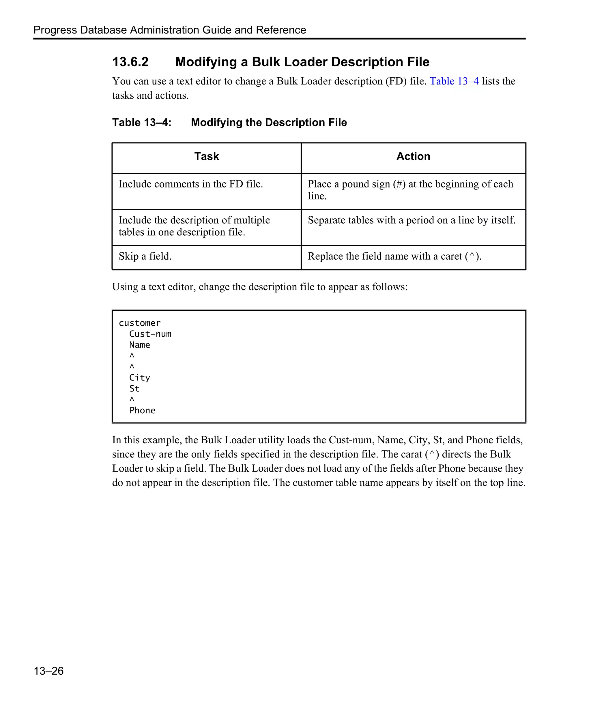 Progress Database Administration Guide and Reference 13–26 13.6.2 Modifying a Bulk Loader Description File You can use a text editor to change a Bulk Loader description (FD) file. Table 13–4 lists the tasks and actions. Using a text editor, change the description file to appear as follows: In this example, the Bulk Loader utility loads the Cust-num, Name, City, St, and Phone fields, since they are the only fields specified in the description file. The carat (^) directs the Bulk Loader to skip a field. The Bulk Loader does not load any of the fields after Phone because they do not appear in the description file. The customer table name appears by itself on the top line. Table 13–4: Modifying the Description File Task Action Include comments in the FD file. Place a pound sign (#) at the beginning of each line. Include the description of multiple tables in one description file. Separate tables with a period on a line by itself. Skip a field. Replace the field name with a caret (^). customer Cust-num Name ^ ^ City St ^ Phone 