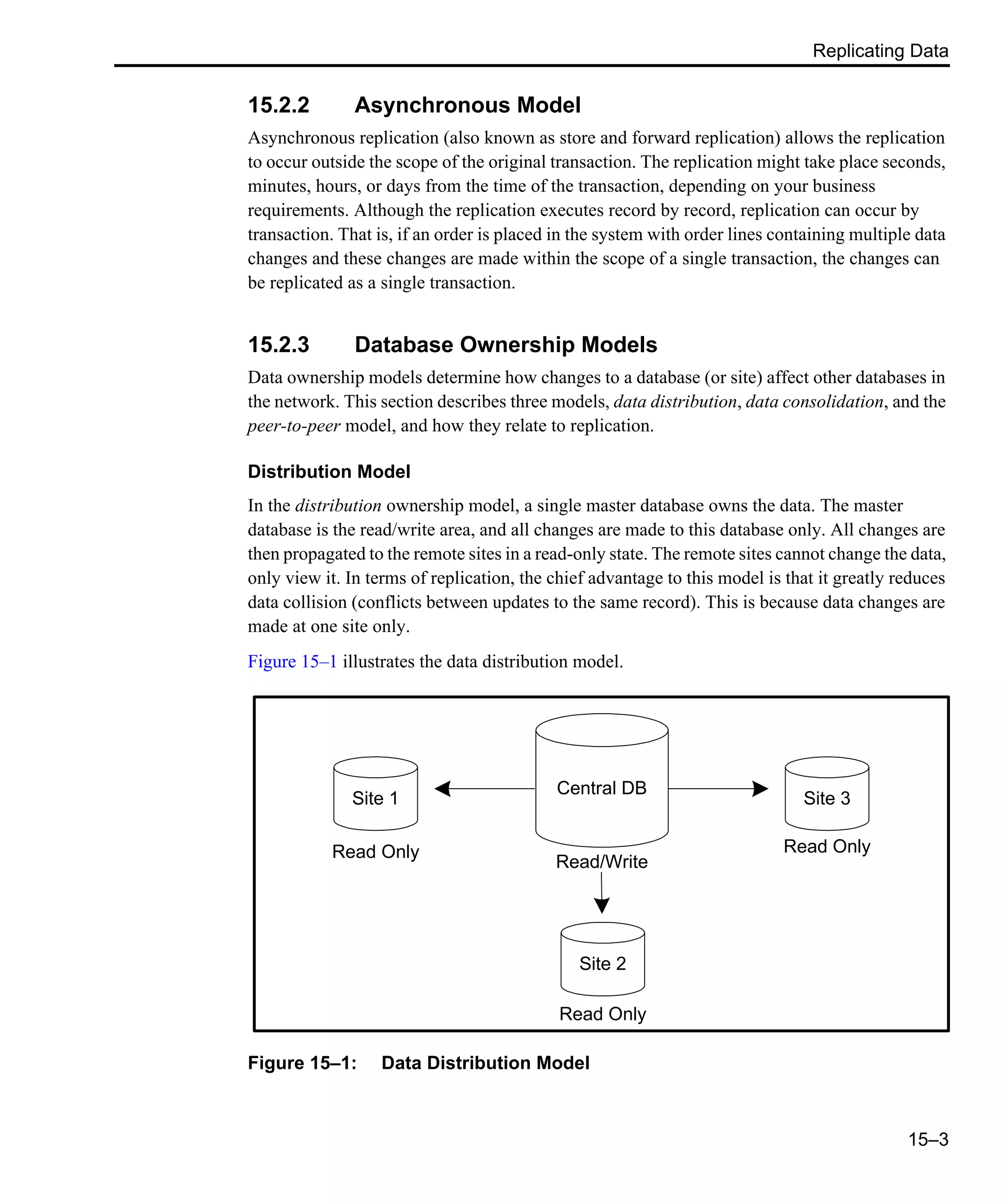 Replicating Data 15–3 15.2.2 Asynchronous Model Asynchronous replication (also known as store and forward replication) allows the replication to occur outside the scope of the original transaction. The replication might take place seconds, minutes, hours, or days from the time of the transaction, depending on your business requirements. Although the replication executes record by record, replication can occur by transaction. That is, if an order is placed in the system with order lines containing multiple data changes and these changes are made within the scope of a single transaction, the changes can be replicated as a single transaction. 15.2.3 Database Ownership Models Data ownership models determine how changes to a database (or site) affect other databases in the network. This section describes three models, data distribution, data consolidation, and the peer-to-peer model, and how they relate to replication. Distribution Model In the distribution ownership model, a single master database owns the data. The master database is the read/write area, and all changes are made to this database only. All changes are then propagated to the remote sites in a read-only state. The remote sites cannot change the data, only view it. In terms of replication, the chief advantage to this model is that it greatly reduces data collision (conflicts between updates to the same record). This is because data changes are made at one site only. Figure 15–1 illustrates the data distribution model. Figure 15–1: Data Distribution Model Site 1 Central DB Site 3 Site 2 Read Only Read/Write Read Only Read Only 