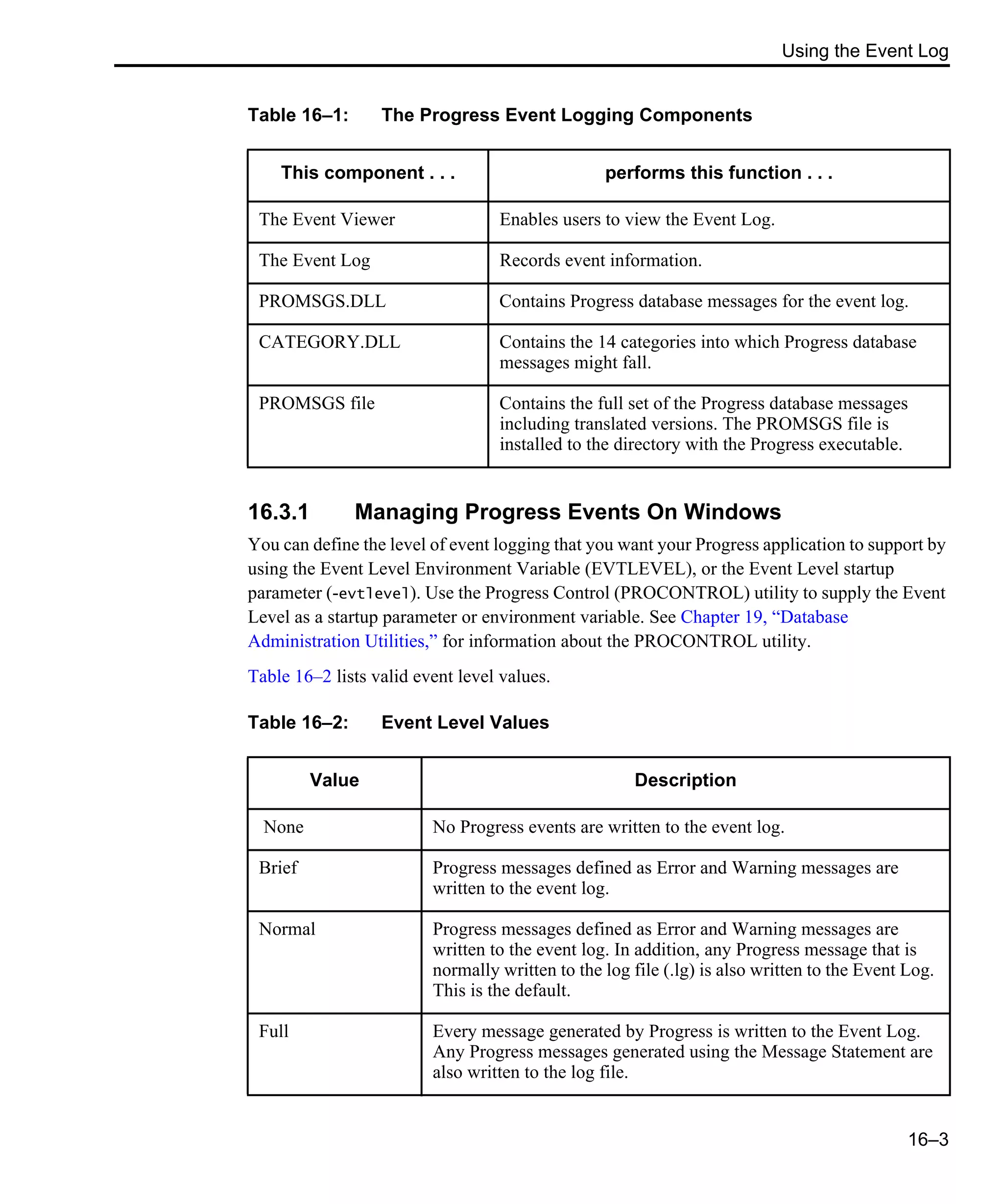 Using the Event Log 16–3 16.3.1 Managing Progress Events On Windows You can define the level of event logging that you want your Progress application to support by using the Event Level Environment Variable (EVTLEVEL), or the Event Level startup parameter (-evtlevel). Use the Progress Control (PROCONTROL) utility to supply the Event Level as a startup parameter or environment variable. See Chapter 19, “Database Administration Utilities,” for information about the PROCONTROL utility. Table 16–2 lists valid event level values. Table 16–1: The Progress Event Logging Components This component . . . performs this function . . . The Event Viewer Enables users to view the Event Log. The Event Log Records event information. PROMSGS.DLL Contains Progress database messages for the event log. CATEGORY.DLL Contains the 14 categories into which Progress database messages might fall. PROMSGS file Contains the full set of the Progress database messages including translated versions. The PROMSGS file is installed to the directory with the Progress executable. Table 16–2: Event Level Values Value Description None No Progress events are written to the event log. Brief Progress messages defined as Error and Warning messages are written to the event log. Normal Progress messages defined as Error and Warning messages are written to the event log. In addition, any Progress message that is normally written to the log file (.lg) is also written to the Event Log. This is the default. Full Every message generated by Progress is written to the Event Log. Any Progress messages generated using the Message Statement are also written to the log file. 