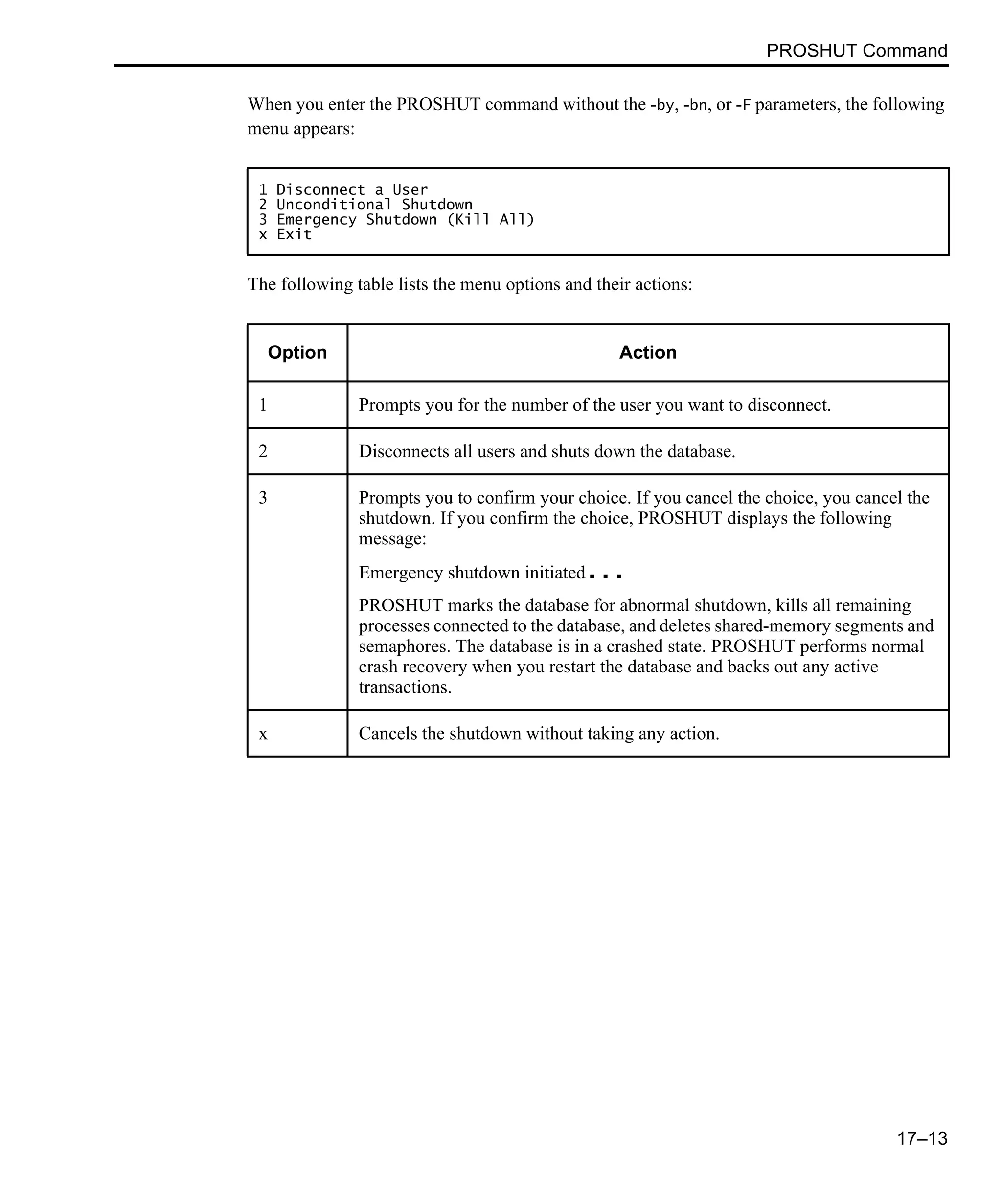 PROSHUT Command 17–13 When you enter the PROSHUT command without the -by, -bn, or -F parameters, the following menu appears: The following table lists the menu options and their actions: 1 Disconnect a User 2 Unconditional Shutdown 3 Emergency Shutdown (Kill All) x Exit Option Action 1 Prompts you for the number of the user you want to disconnect. 2 Disconnects all users and shuts down the database. 3 Prompts you to confirm your choice. If you cancel the choice, you cancel the shutdown. If you confirm the choice, PROSHUT displays the following message: Emergency shutdown initiated... PROSHUT marks the database for abnormal shutdown, kills all remaining processes connected to the database, and deletes shared-memory segments and semaphores. The database is in a crashed state. PROSHUT performs normal crash recovery when you restart the database and backs out any active transactions. x Cancels the shutdown without taking any action. 