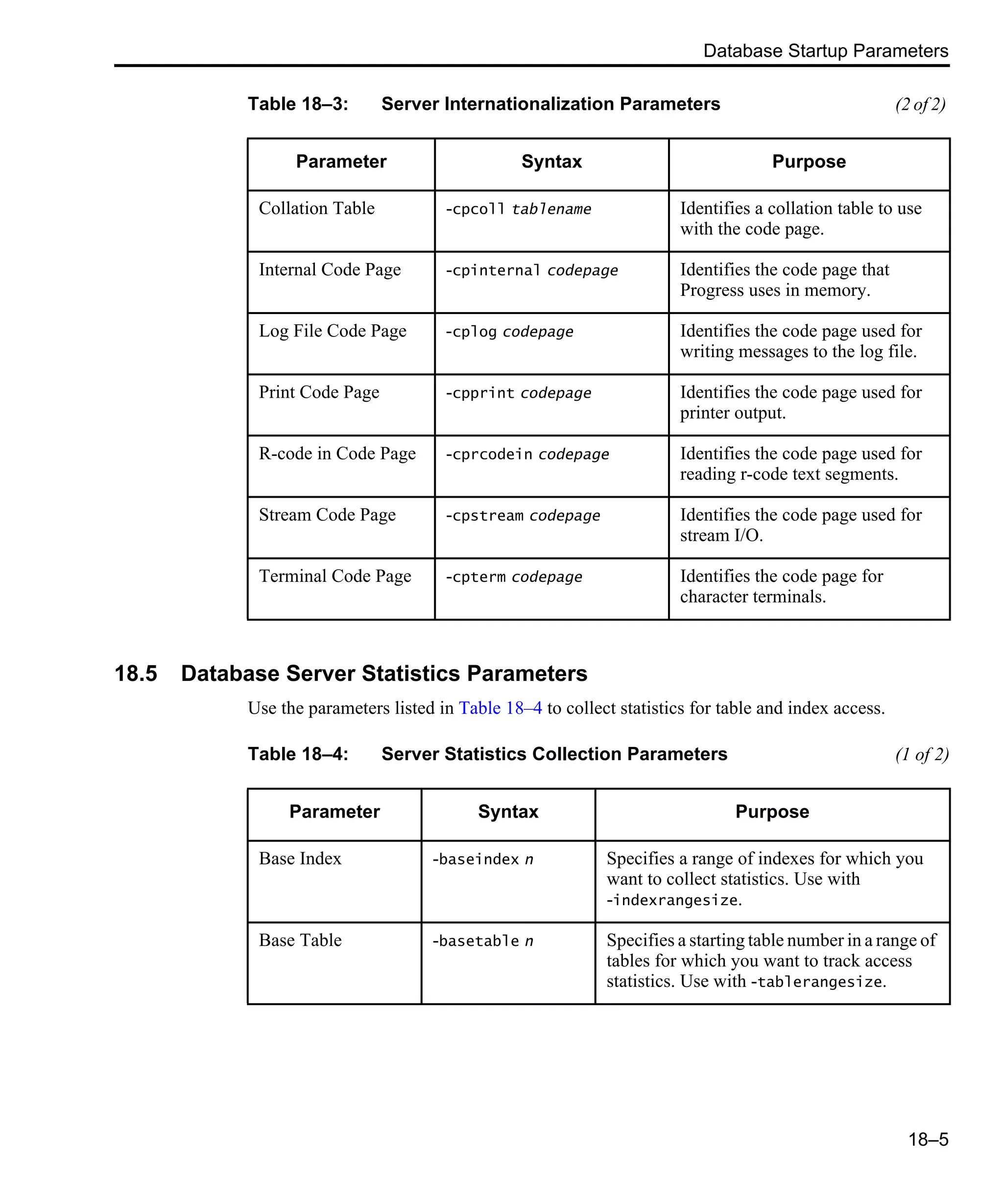 Database Startup Parameters 18–5 18.5 Database Server Statistics Parameters Use the parameters listed in Table 18–4 to collect statistics for table and index access. Collation Table -cpcoll tablename Identifies a collation table to use with the code page. Internal Code Page -cpinternal codepage Identifies the code page that Progress uses in memory. Log File Code Page -cplog codepage Identifies the code page used for writing messages to the log file. Print Code Page -cpprint codepage Identifies the code page used for printer output. R-code in Code Page -cprcodein codepage Identifies the code page used for reading r-code text segments. Stream Code Page -cpstream codepage Identifies the code page used for stream I/O. Terminal Code Page -cpterm codepage Identifies the code page for character terminals. Table 18–3: Server Internationalization Parameters (2 of 2) Parameter Syntax Purpose Table 18–4: Server Statistics Collection Parameters (1 of 2) Parameter Syntax Purpose Base Index -baseindex n Specifies a range of indexes for which you want to collect statistics. Use with -indexrangesize. Base Table -basetable n Specifies a starting table number in a range of tables for which you want to track access statistics. Use with -tablerangesize. 